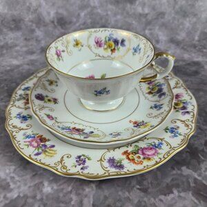 Vintage Franconia K&A Krautheim 3 Pc Set Cup Saucer Luncheon Plate Floral Gold